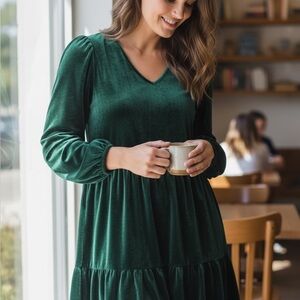 52seven Forest Green Tiered Ruffled Velvet Dress Knee Length Long Sleeves